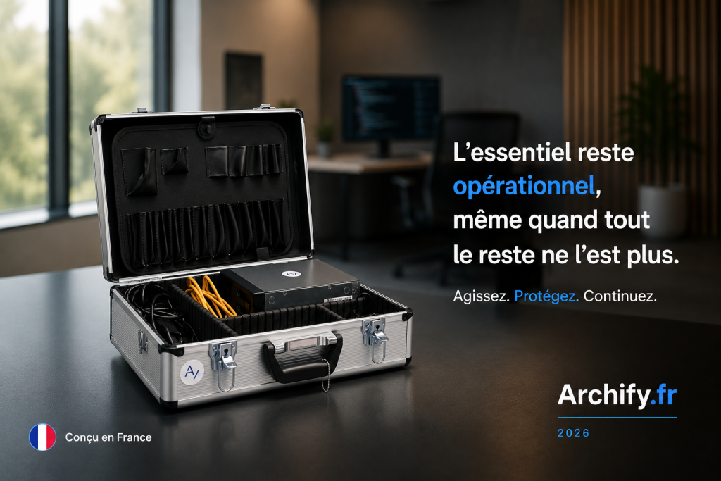 Dispositif Archify.fr présenté dans une valise ouverte contenant les équipements nécessaires à la continuité d’activité en mode dégradé, posé dans un environnement professionnel. Le visuel met en avant le slogan « L’essentiel reste opérationnel, même quand tout le reste ne l’est plus » ainsi que la mention « Conçu en France ».